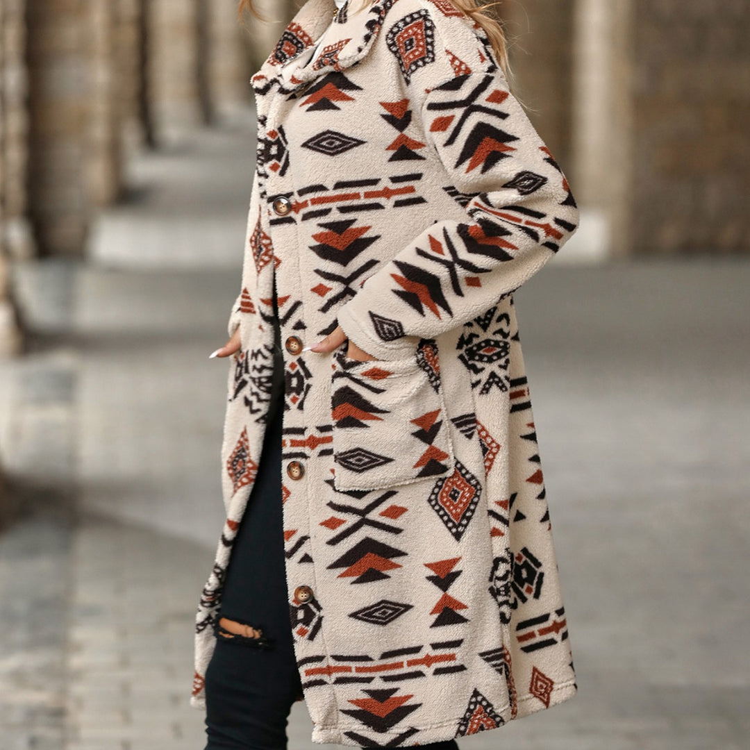 Damen-Mantel mit Ethno-Print, lang, geknöpft