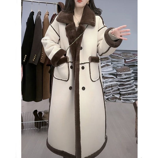 Lammfleece-Mantel für Damen, Wildleder-Optik, lang