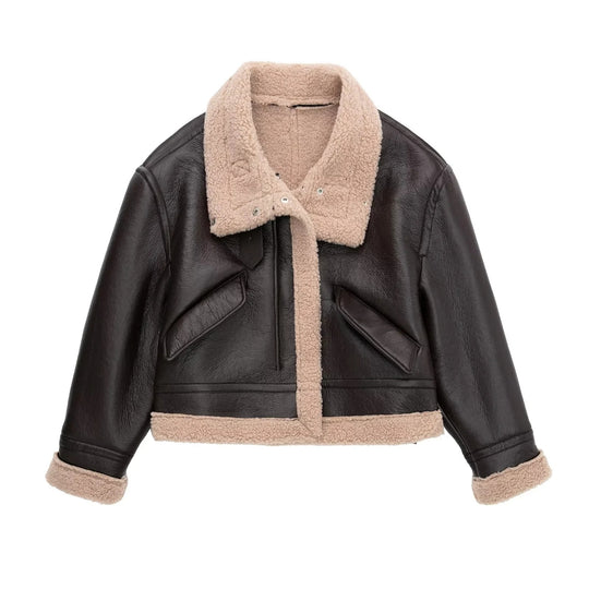 Gefütterte Kunstlederjacke mit Lammfell-Optik und Schnürung