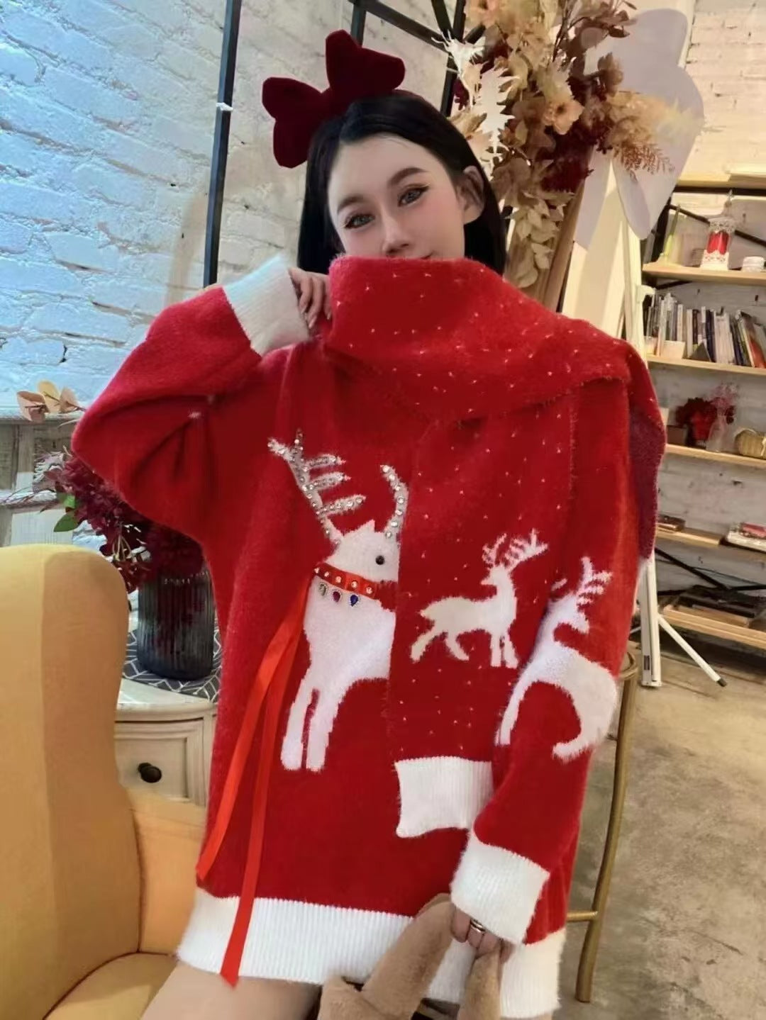 Damen-Strickpullover mit Weihnachtsmotiv, locker geschnitten