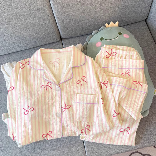 Damen-Pyjama-Set, langärmelig, mit Schleifen-Detail