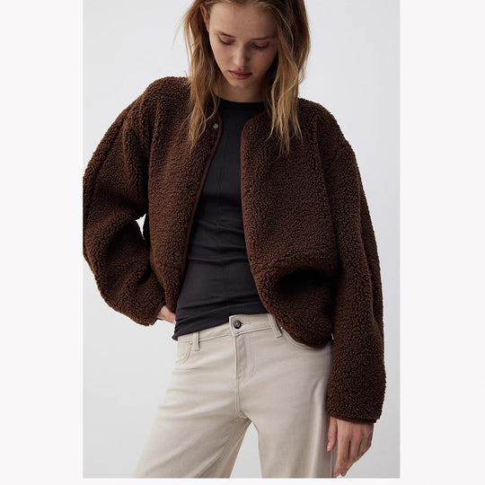 Damen-Teddyfleece-Kurzjacke, Rundhalsausschnitt