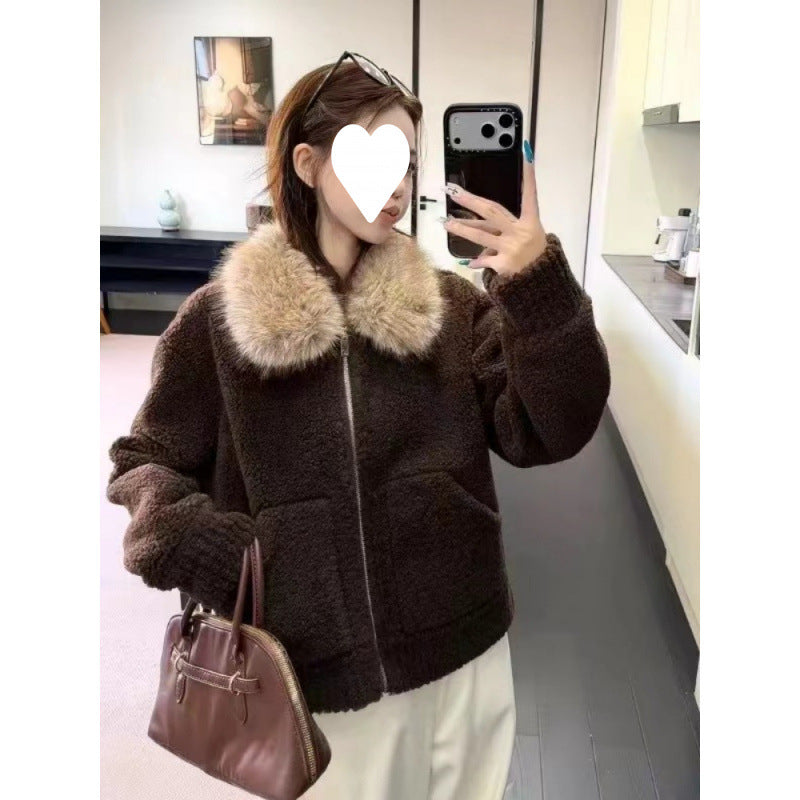 Damen-Lammfellimitat-Jacke mit Kragen