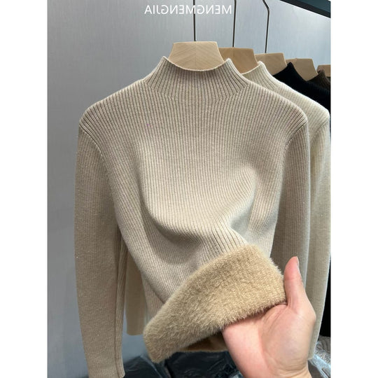 Damen-Strickpullover, gefüttert, Stehkragen, warm