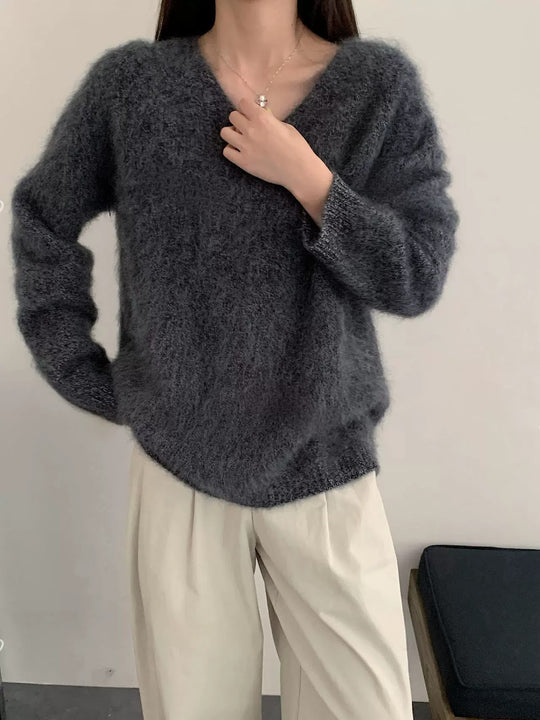 Damen V-Ausschnitt Pullover, Wolle-Kaschmir, gebürstet