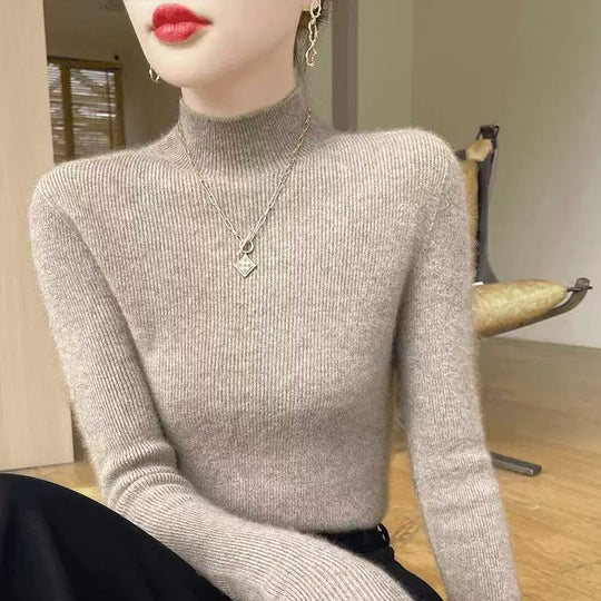 Damen-Woll-Strickpullover, Stehkragen, schmal geschnitten