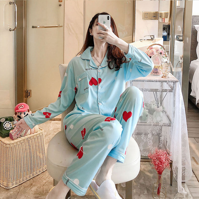 Damen-Pyjama-Set, Langarm, Herz-Muster, Freizeit-Stil
