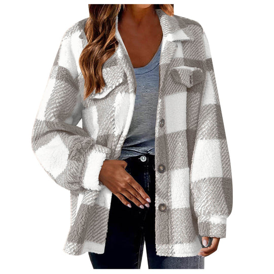 Karo-Jacke aus Lammfleece-Imitat mit Taschen