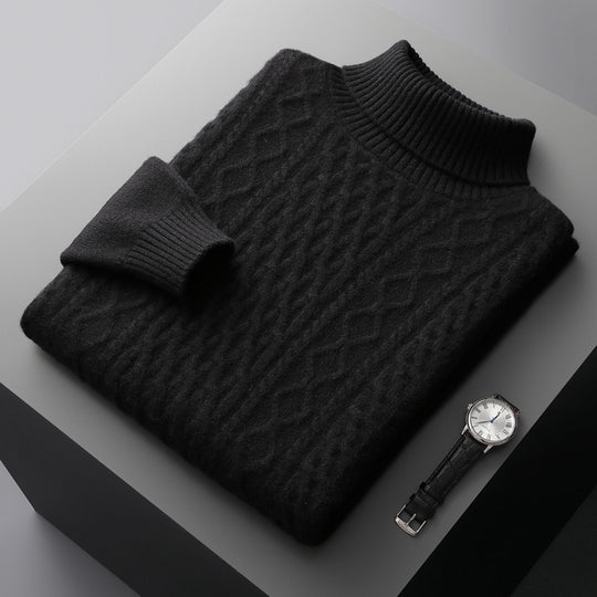 Herren-Wollpullover mit Reverskragen und Zopfmuster