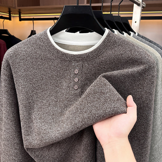 Herren-Strickpullover, Rundhalsausschnitt, Langarm, Fake-Layer-Optik