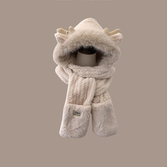 Damen Winter-Set: Plüsch-Kapuzenmütze mit Schal und Handschuhen
