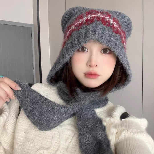 Strickmütze mit Schal, Bären-Design, Damen, Winter