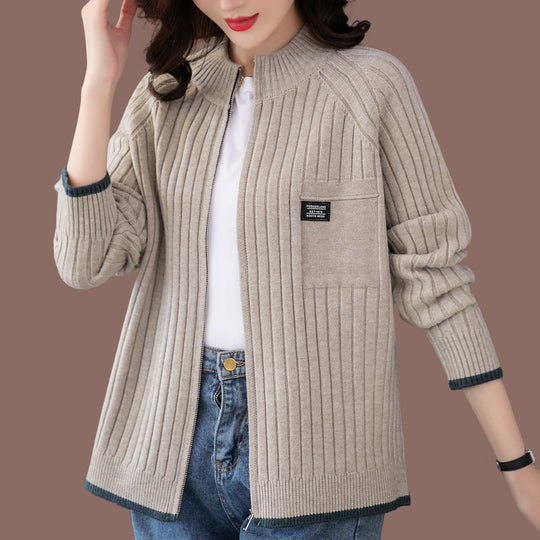 Damen-Strickjacke mit Reißverschluss, gestreift