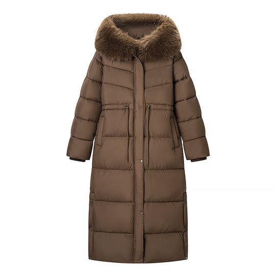 Lange Damen-Steppjacke mit Kapuze und Kunstfellbesatz