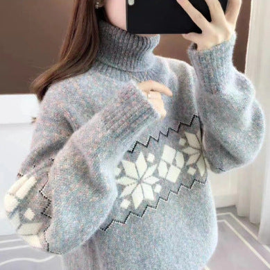 Damen-Strickpullover mit Schneeflockenmuster und Stehkragen