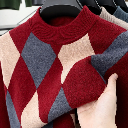 Herren-Wollpullover, kariert, Stehkragen, extra warm