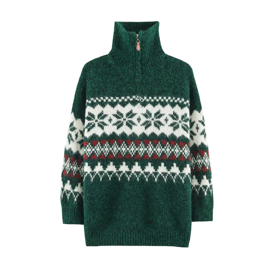 Weihnachtlicher Strickpullover mit Stehkragen und Reißverschluss