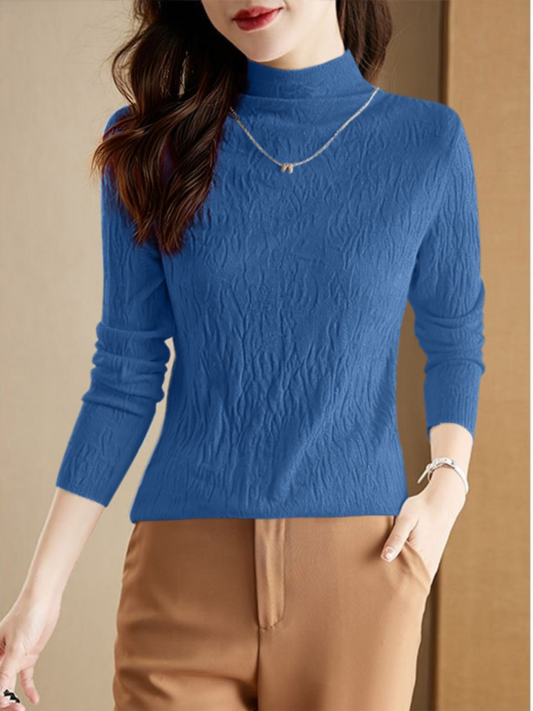Damen-Wollpullover mit Stehkragen, strukturiert