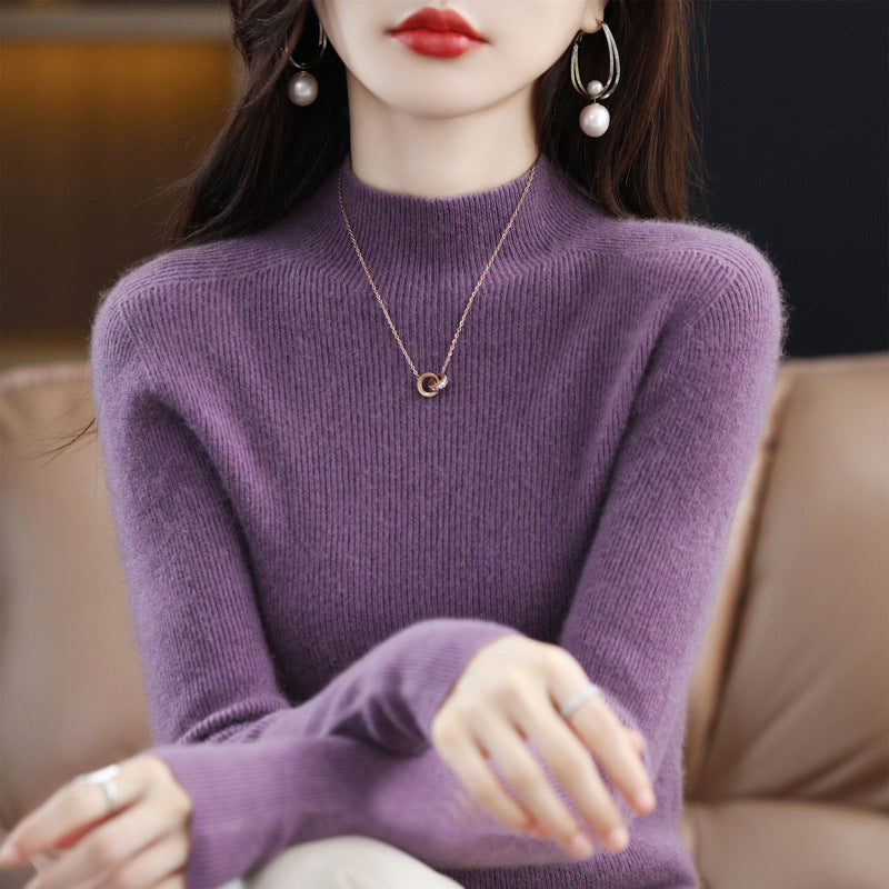 Damen-Kaschmirpullover, nahtlos, 100% Wolle, Stehkragen