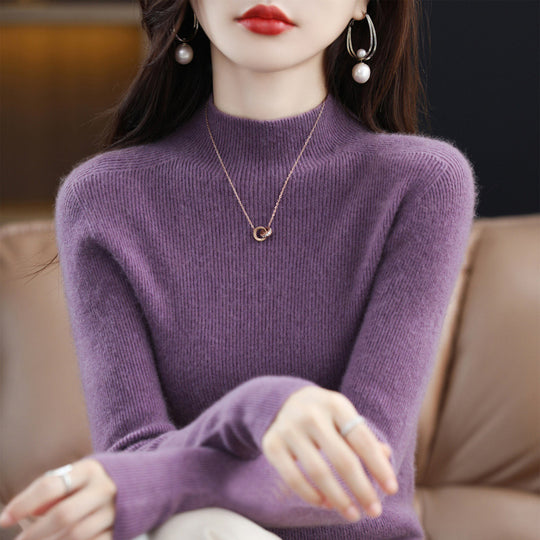 Damen-Kaschmirpullover, nahtlos, 100% Wolle, Stehkragen