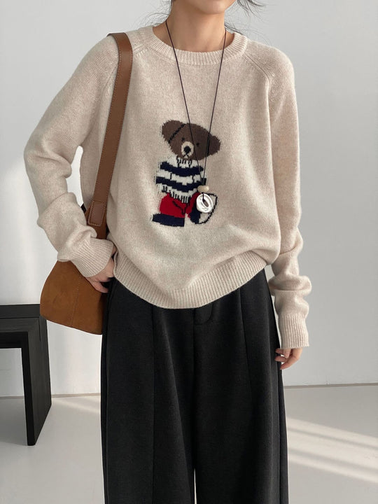 Damen-Strickpullover, Rundhalsausschnitt, Bären-Stickerei
