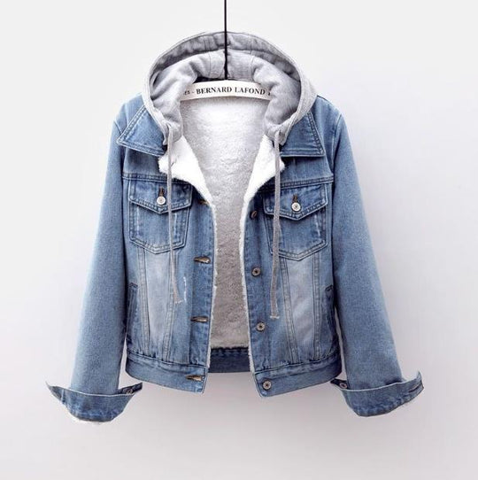 Gefütterte Damen-Jeansjacke mit abnehmbarer Kapuze