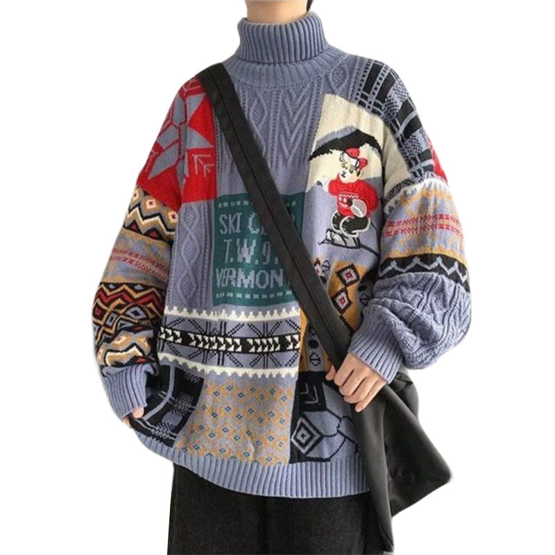 Herren-Strickpullover mit Bären-Stickerei und Stehkragen