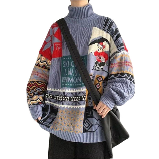Herren-Strickpullover mit Bären-Stickerei und Stehkragen
