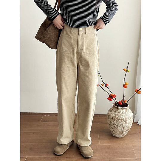 Kord-Weithose für Damen mit Taschen, hoch tailliert