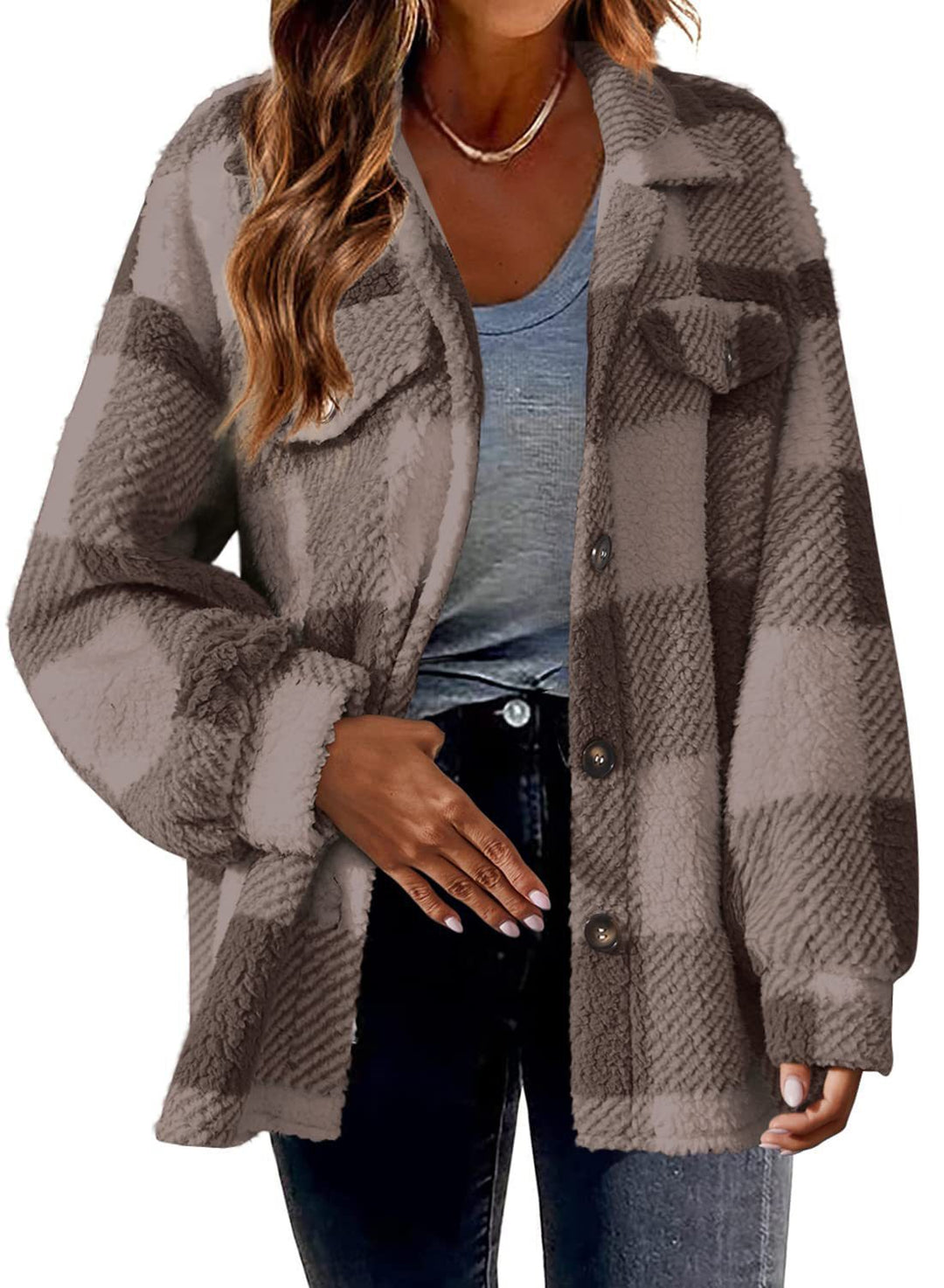 Karo-Jacke aus Lammfleece-Imitat mit Taschen