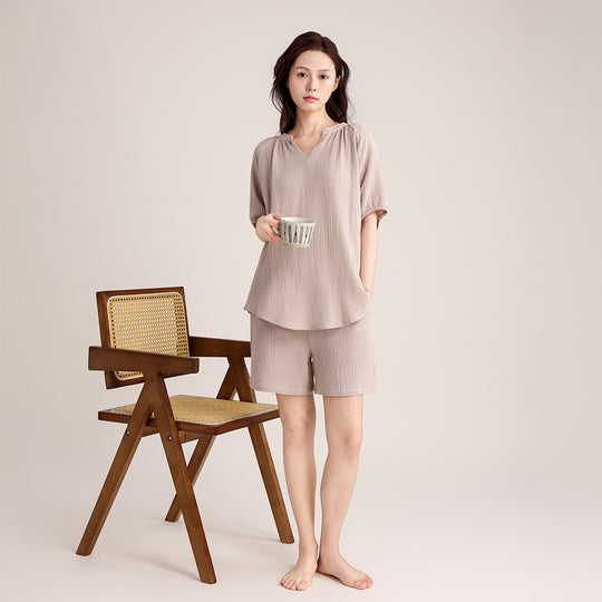 Damen-Pyjama-Set, Doppelschicht-Gaze, V-Ausschnitt