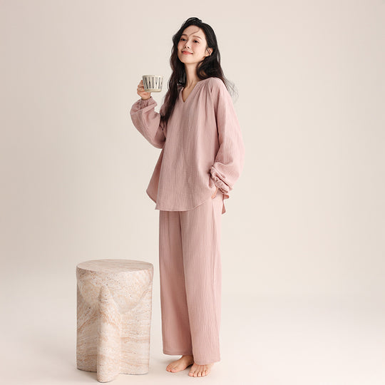 Damen-Pyjama-Set, Doppelschicht-Gaze, V-Ausschnitt