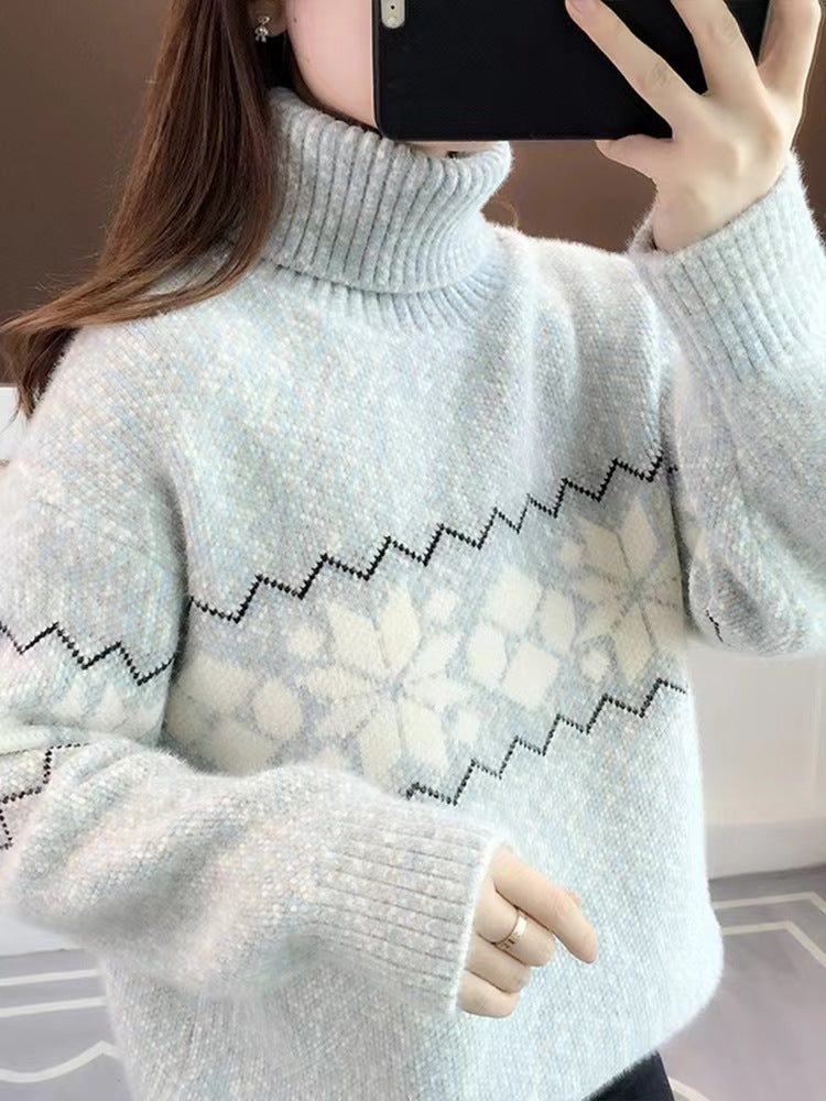 Damen-Strickpullover mit Schneeflockenmuster und Stehkragen