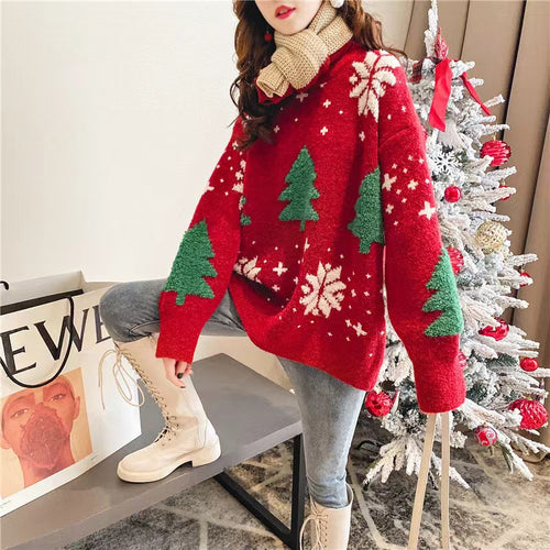 Damen Weihnachtspullover, 3D-Muster, lockerer Schnitt