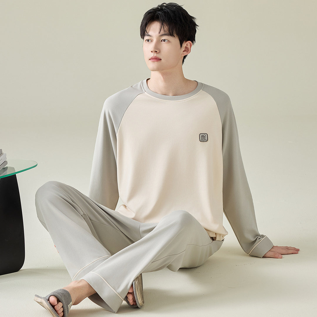 Herren-Pyjama-Set, 100% Baumwolle, Langarm, modern