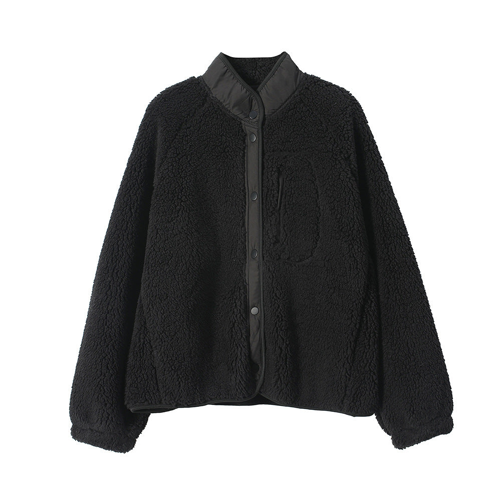 Gefütterte Fleecejacke mit Lammfell-Optik und Stehkragen