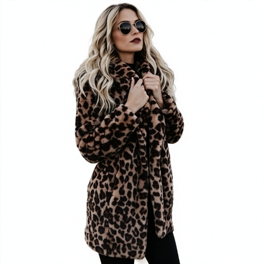Damen-Kunstpelzmantel mit Leopardenmuster und Revers
