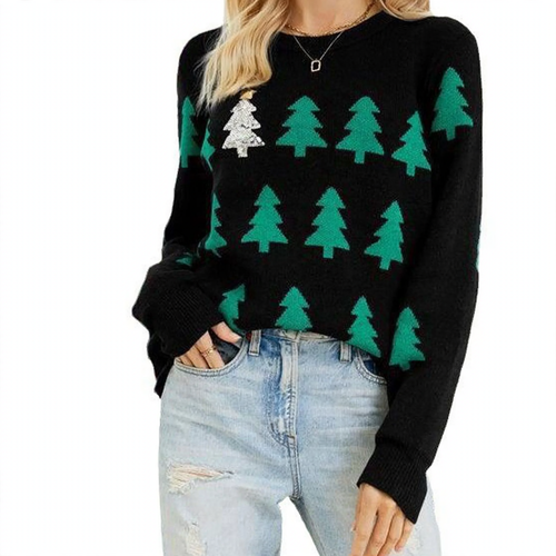 Festlicher Strickpullover mit Weihnachtsbaum-Stickerei