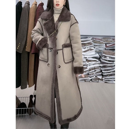 Lammfleece-Mantel für Damen, Wildleder-Optik, lang