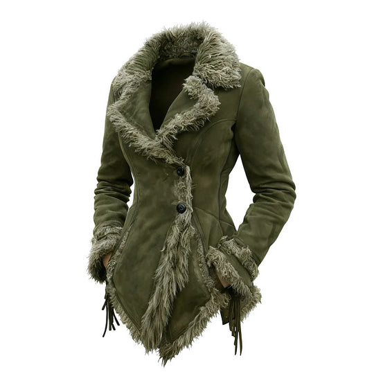 Damen-Wildlederimitat-Jacke mit Fellkragen und Revers