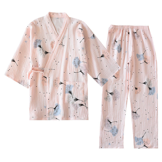 Damen-Kimono-Hausanzug aus Baumwoll-Musselin mit Ginkgo-Muster