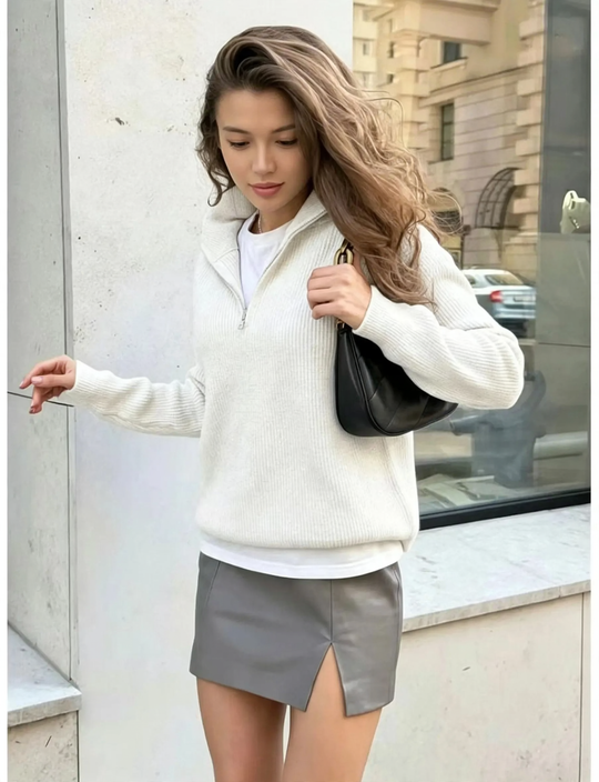Damen-Pullover, Stehkragen, halber Reißverschluss