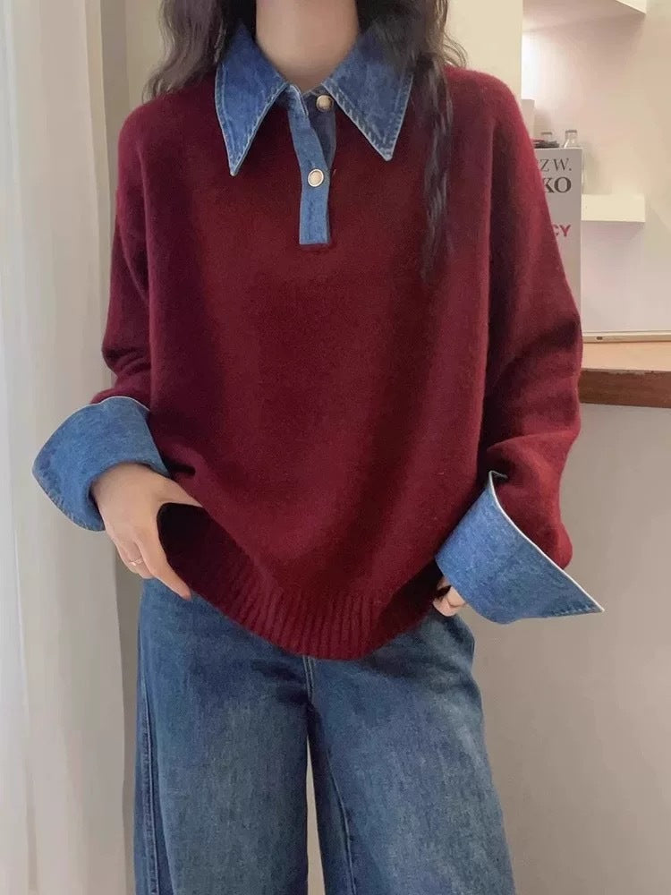 Damen-Strickpullover mit Polo-Kragen und Jeans-Ärmeln