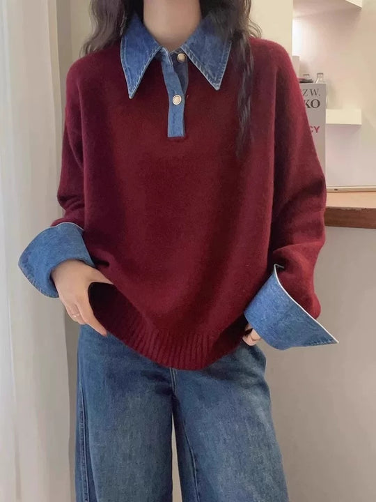 Damen-Strickpullover mit Polo-Kragen und Jeans-Ärmeln