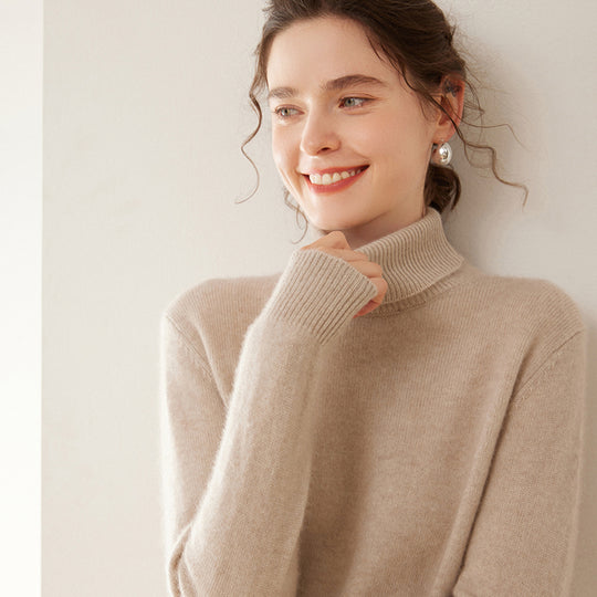 Damen-Kaschmirpullover, hochgeschlossen, zweifädig, gestrickt