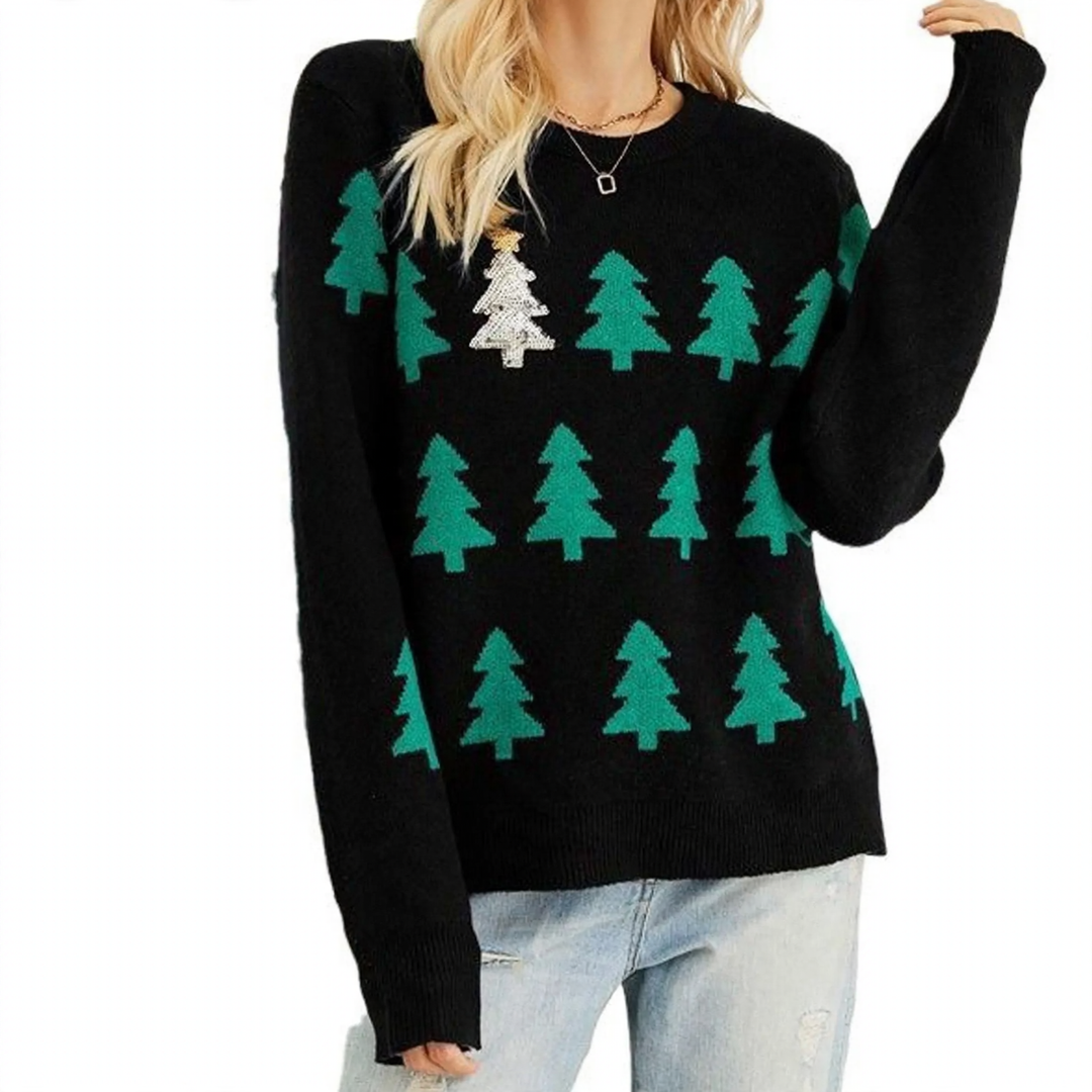 Festlicher Strickpullover mit Weihnachtsbaum-Stickerei