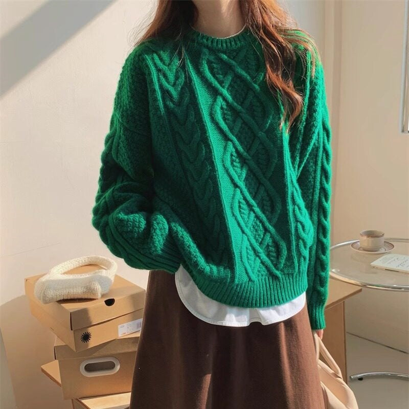 Damen-Strickpullover mit Zopfmuster, grob gestrickt