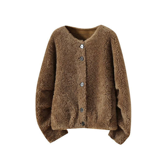 Damen-Lammfelljacke, 100% Schafwolle, lockerer Schnitt