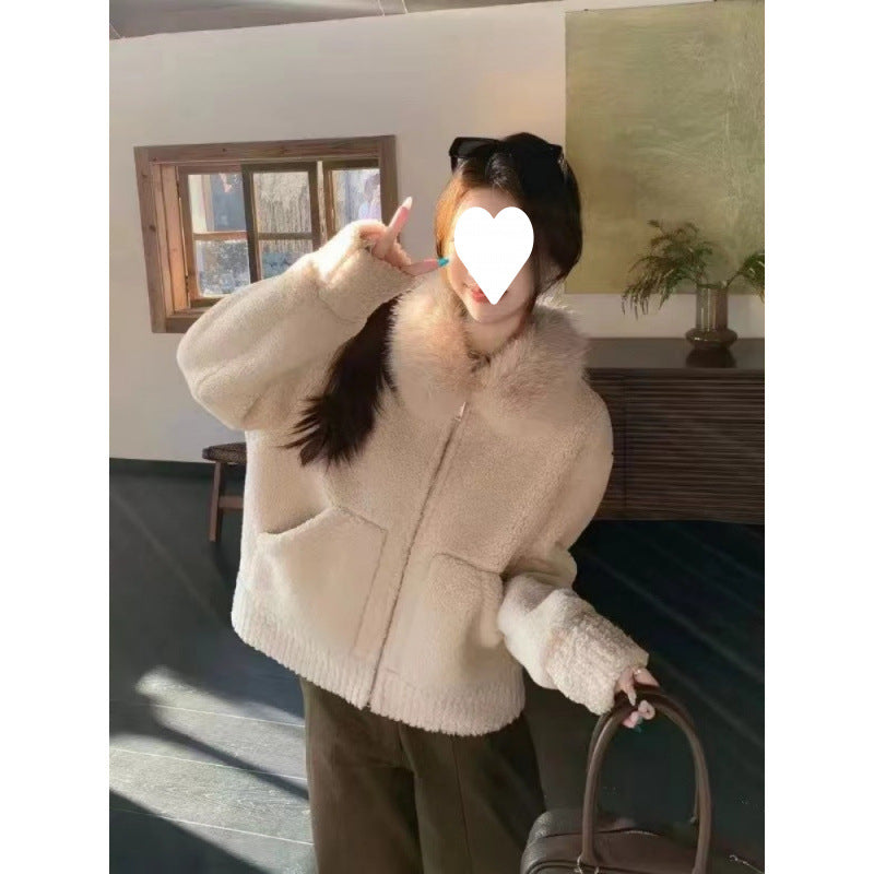 Damen-Lammfellimitat-Jacke mit Kragen
