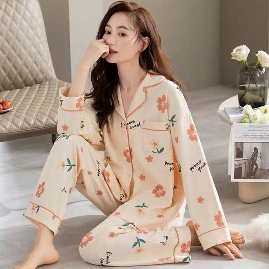 Damen-Pyjama-Set, Baumwolle, Langarm, Cartoon-Design